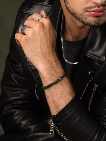Nialaya Men's Beaded Bracelet Men's Wristband with Matte Onyx and Black CZ Diamond